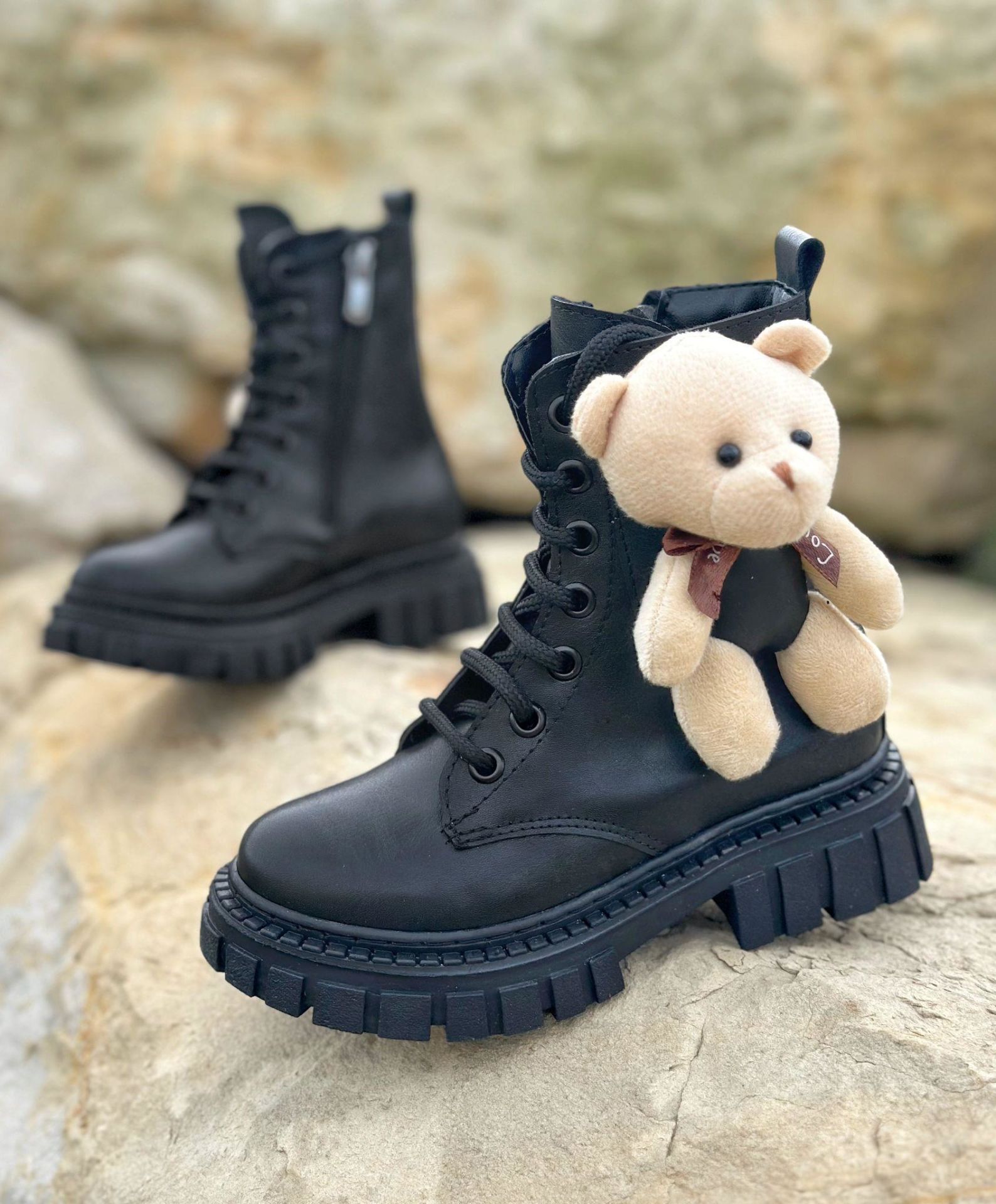 Ayıcıklı Kız Çocuk Bot, Fermuarlı Çocuk Bot, Siyah Çocuk Bot Siyah - 31